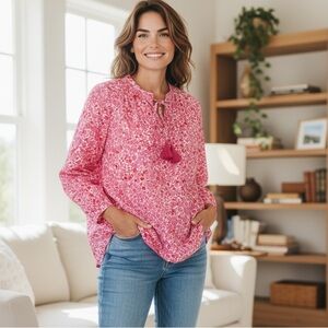 Vineyard Vines Pink Floral Long Sleeve Tunic, Size S, VNeck Tie Up Front Boho